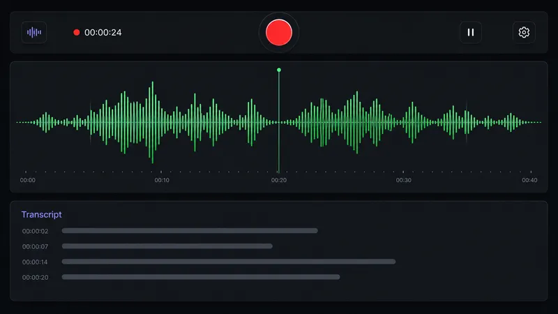 Mockup de app de áudio com botão de gravação, waveform e texto transcrito.
