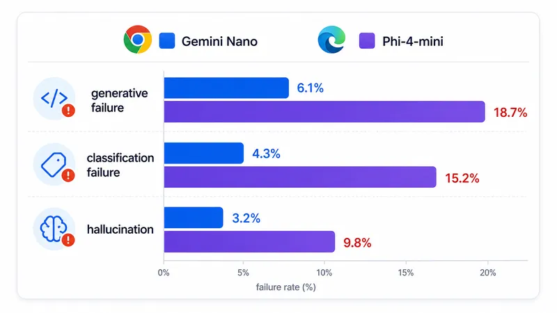 Gráfico de barras comparando Gemini Nano e Phi-4-mini em falhas generativas, classificação e alucinação.