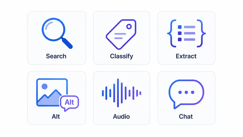 Grid com seis ícones de casos de uso da Prompt API: busca, classificação, extração, acessibilidade, áudio e assistente.