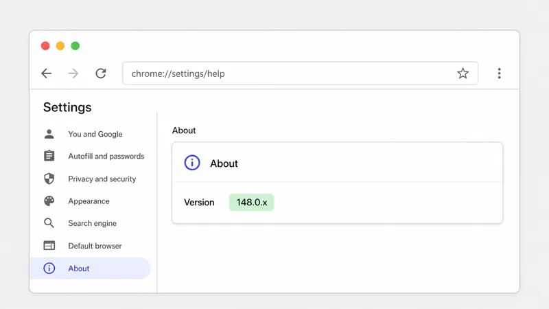 Mockup da página chrome://settings/help com versão 148 destacada.