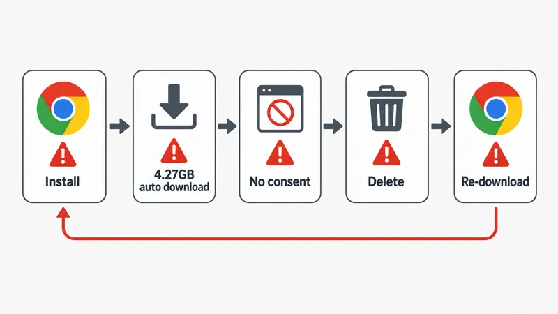 Fluxograma do download automático do Gemini Nano sem prompt de consentimento e com novo download após exclusão.