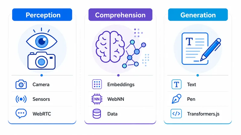 Infográfico em três colunas mostrando percepção, compreensão e geração no ecossistema de IA on-device.