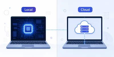 Diagrama comparativo entre inferência local no notebook e inferência remota em servidor cloud.