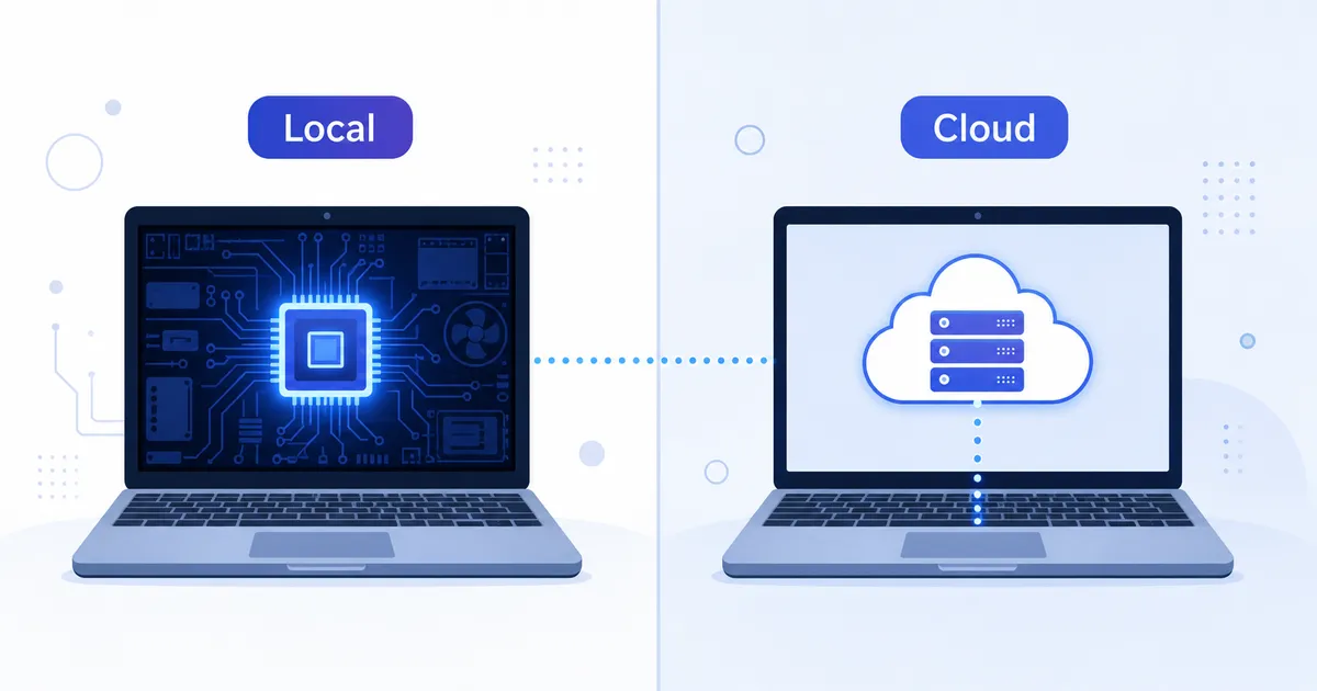 Diagrama comparativo entre inferência local no notebook e inferência remota em servidor cloud.