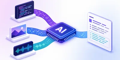 Diagrama de streams de texto, imagem e áudio convergindo para um chip de IA e saindo como texto.