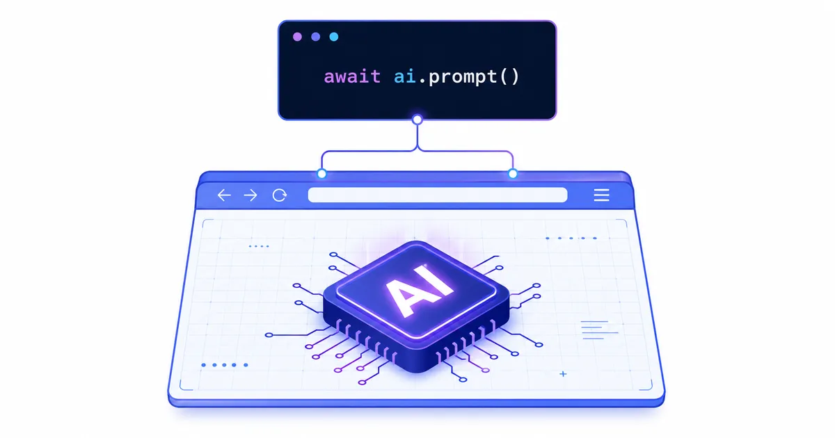 Diagrama arquitetural da Prompt API com navegador, chip de IA local e trecho de JavaScript.