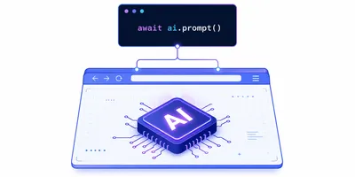 Diagrama arquitetural da Prompt API com navegador, chip de IA local e trecho de JavaScript.