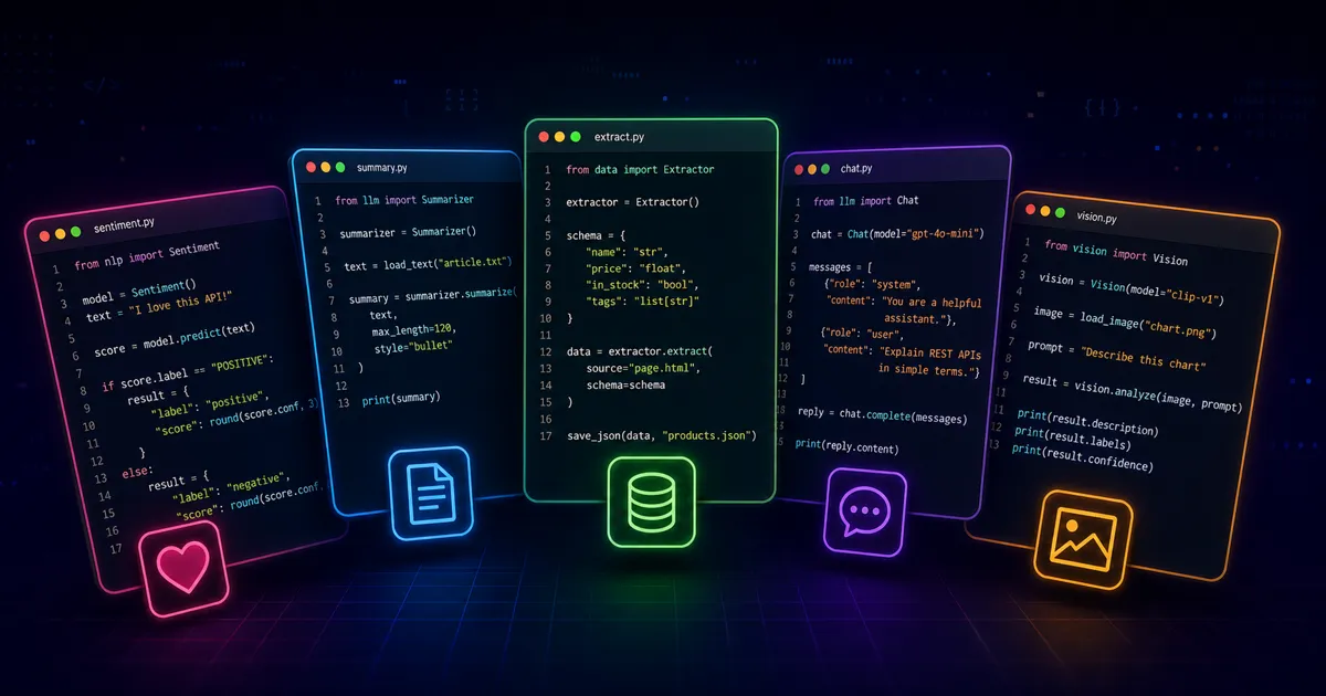 Colagem de cinco janelas de editor de código representando demos práticas da Prompt API.