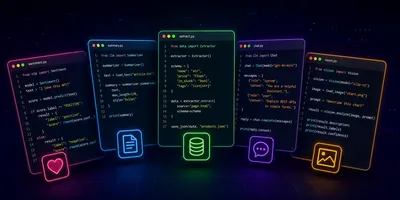 Colagem de cinco janelas de editor de código representando demos práticas da Prompt API.