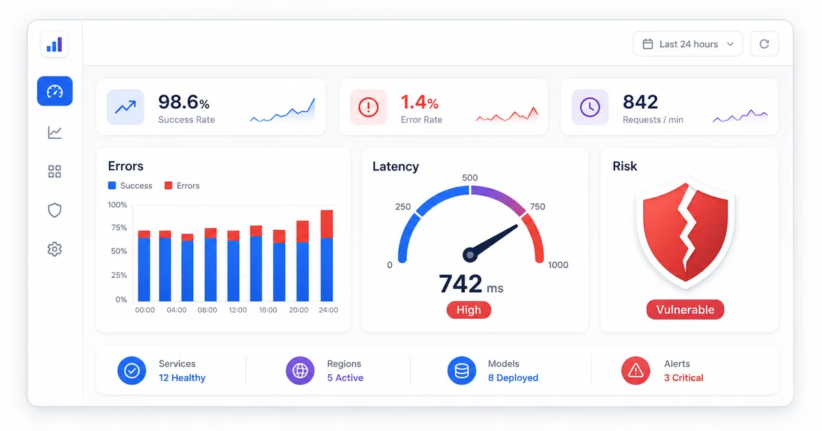Dashboard de benchmarks com gráficos de erro, velocímetro de latência e ícone de vulnerabilidade.