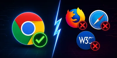 Composição editorial comparando apoio do Chrome e oposição de Firefox, Safari e W3C à Prompt API.