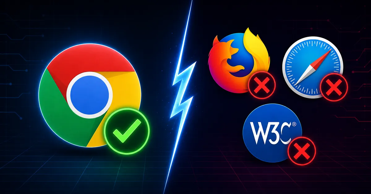 Composição editorial comparando apoio do Chrome e oposição de Firefox, Safari e W3C à Prompt API.