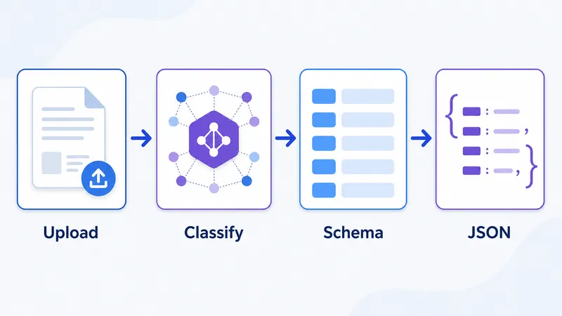 Fluxo de upload de documento, classificação multimodal, schema e resultado JSON.