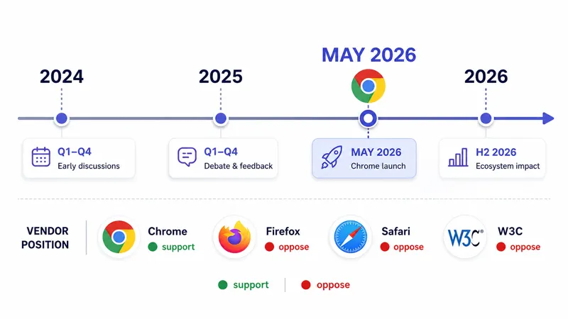 Timeline de 2024 a 2026 com marcos da Prompt API e posições dos vendors.